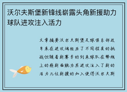 沃尔夫斯堡新锋线崭露头角新援助力球队进攻注入活力