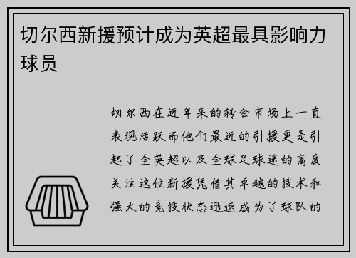 切尔西新援预计成为英超最具影响力球员