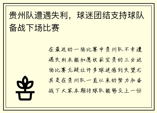 贵州队遭遇失利，球迷团结支持球队备战下场比赛