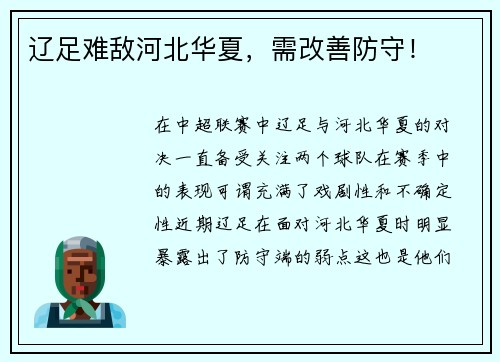 辽足难敌河北华夏，需改善防守！