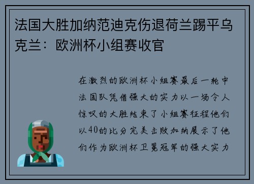 法国大胜加纳范迪克伤退荷兰踢平乌克兰：欧洲杯小组赛收官