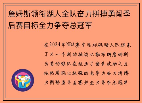 詹姆斯领衔湖人全队奋力拼搏勇闯季后赛目标全力争夺总冠军